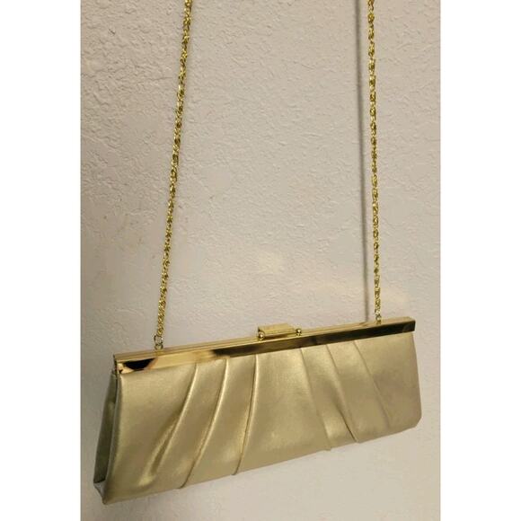 Jessica McClintock Gold Handbag Purse Chain Vegan Leather Clutch Prom Wedding - Picture 3 of 13
